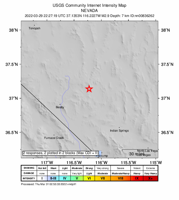 USGS DYFI community-reported intensity map for the M2.9 earthquake near 53 km ENE of Beatty, Nevada