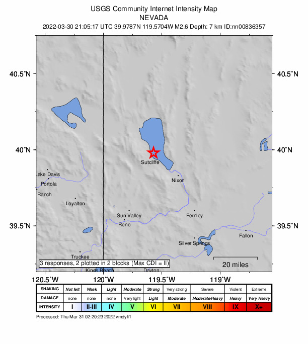 USGS DYFI community-reported intensity map for the M2.6 earthquake near 4 km NE of Sutcliffe, Nevada
