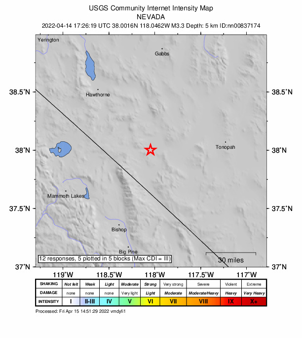 USGS DYFI community-reported intensity map for the M3.3 earthquake near 37 km N of Dyer, Nevada