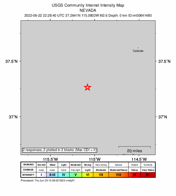 USGS DYFI community-reported intensity map for the M2.6 earthquake near 13 km SSE of Alamo, Nevada