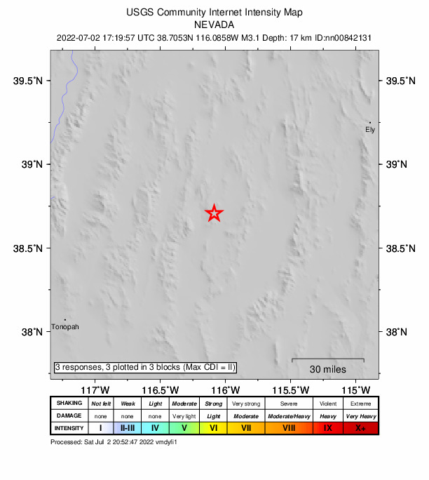USGS DYFI community-reported intensity map for the M3.1 earthquake near 90 km S of Eureka, Nevada