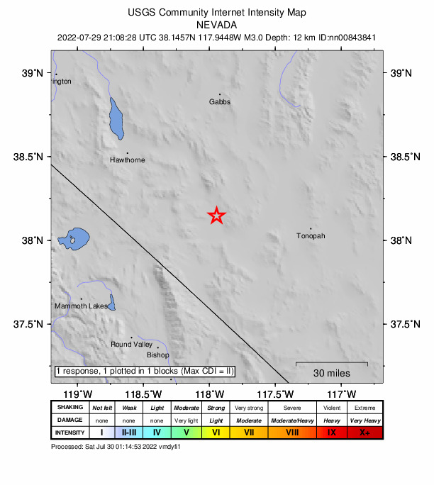 USGS DYFI community-reported intensity map for the M3.0 earthquake near 30 km SSE of Mina, Nevada