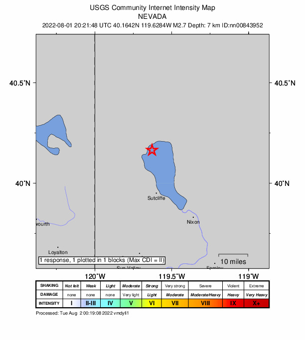 USGS DYFI community-reported intensity map for the M2.7 earthquake near 23 km N of Sutcliffe, Nevada