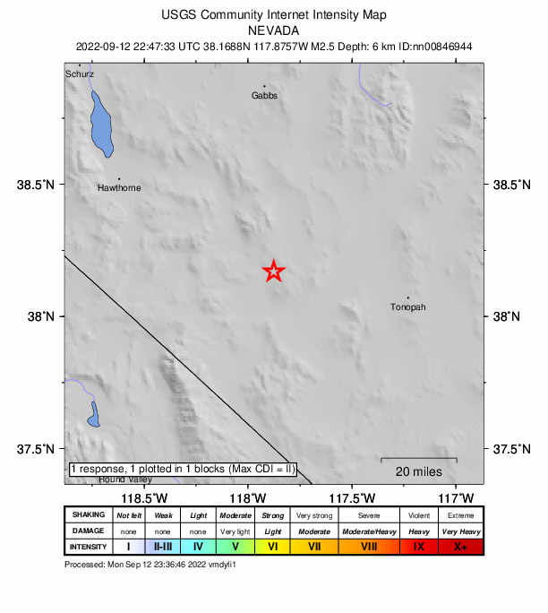 USGS DYFI community-reported intensity map for the M2.5 earthquake near 31 km SE of Mina, Nevada