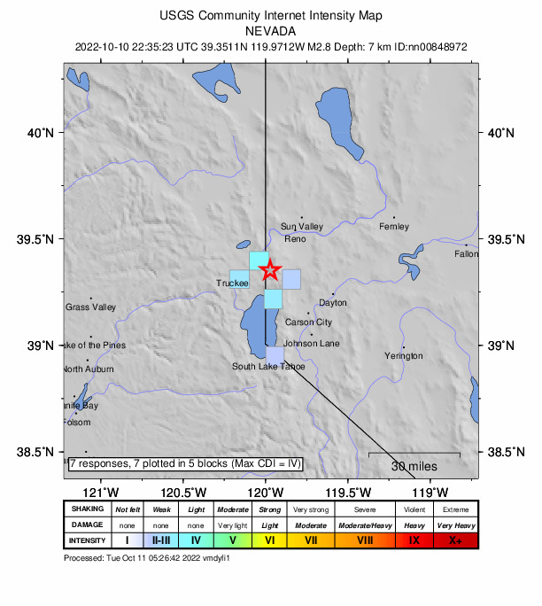 USGS DYFI community-reported intensity map for the M2.8 earthquake near 6 km SE of Floriston, California