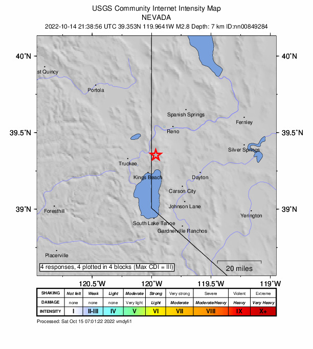 USGS DYFI community-reported intensity map for the M2.8 earthquake near 6 km SE of Floriston, California