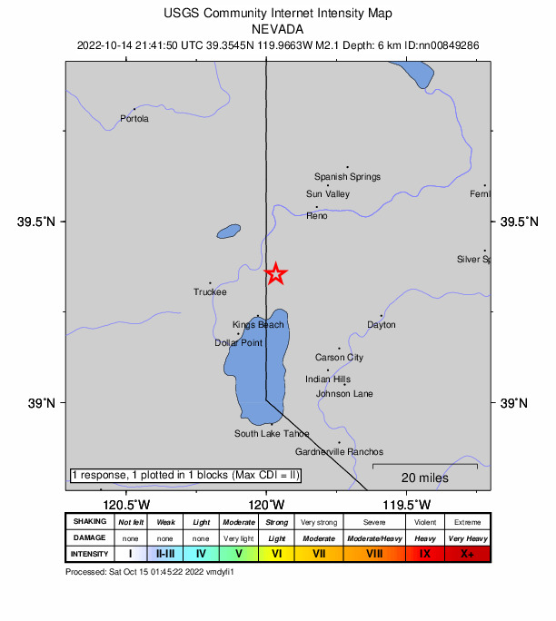 USGS DYFI community-reported intensity map for the M2.1 earthquake near 6 km SE of Floriston, California