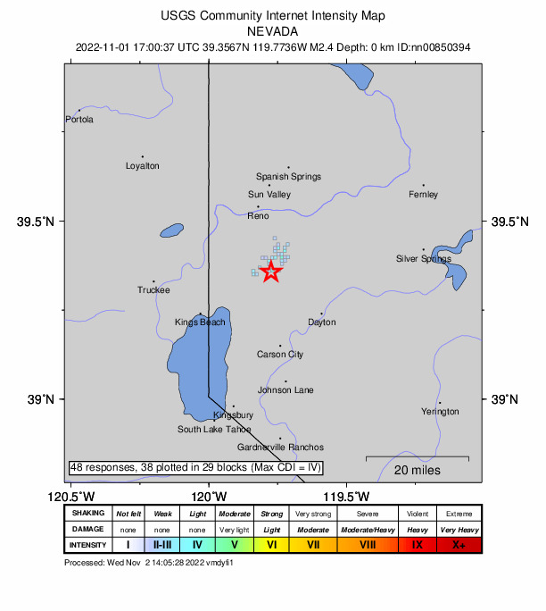 USGS DYFI community-reported intensity map for the M2.4 earthquake near Nevada