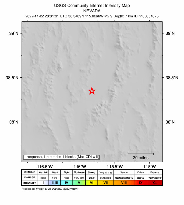 USGS DYFI community-reported intensity map for the M2.9 earthquake near 78 km N of Rachel, Nevada
