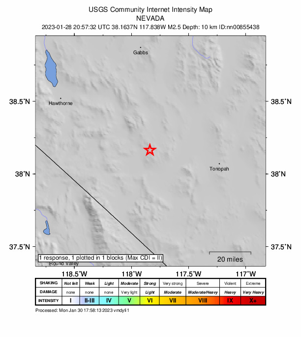 USGS DYFI community-reported intensity map for the M2.5 earthquake near 34 km SE of Mina, Nevada