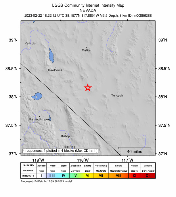 USGS DYFI community-reported intensity map for the M3.5 earthquake near 32 km SE of Mina, Nevada