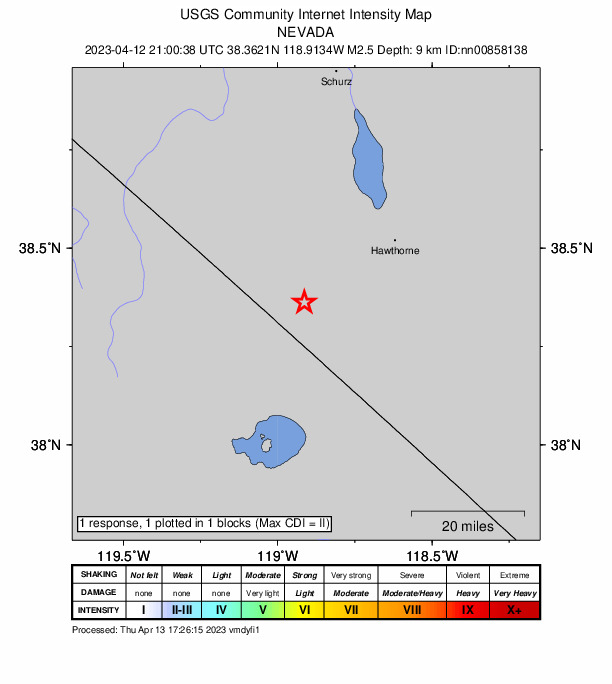 USGS DYFI community-reported intensity map for the M2.5 earthquake near 30 km ENE of Bridgeport, California
