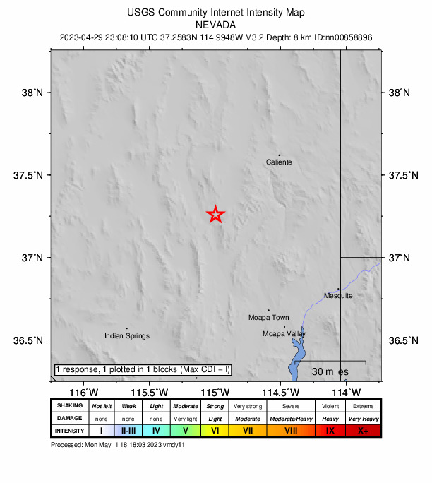 USGS DYFI community-reported intensity map for the M3.2 earthquake near Nevada