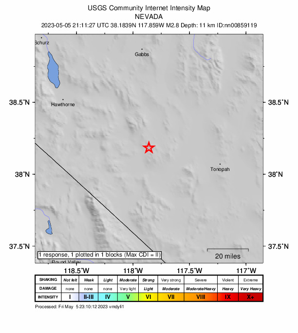 USGS DYFI community-reported intensity map for the M2.8 earthquake near 32 km SE of Mina, Nevada