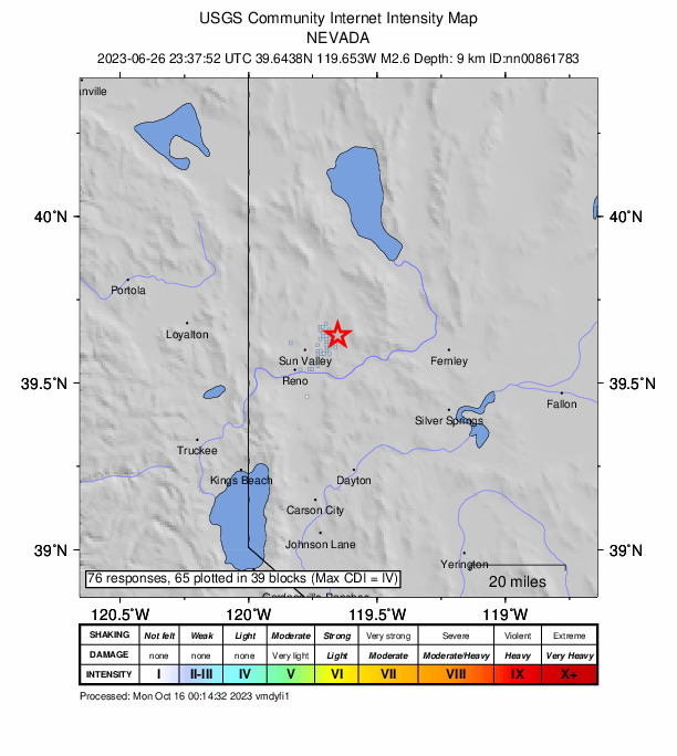 USGS DYFI community-reported intensity map for the M2.6 earthquake near 4 km E of Spanish Springs, Nevada