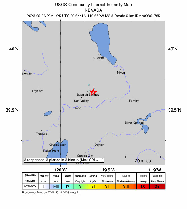 USGS DYFI community-reported intensity map for the M2.3 earthquake near 4 km E of Spanish Springs, Nevada