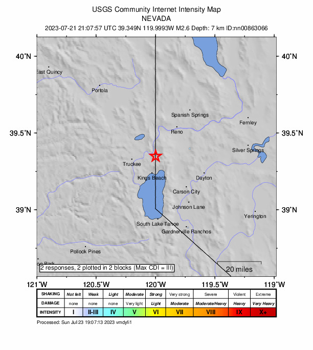 USGS DYFI community-reported intensity map for the M2.6 earthquake near 5 km SSE of Floriston, California
