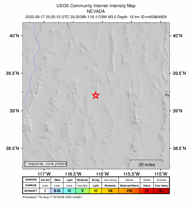 USGS DYFI community-reported intensity map for the M3.0 earthquake near 36 km SSW of Eureka, Nevada