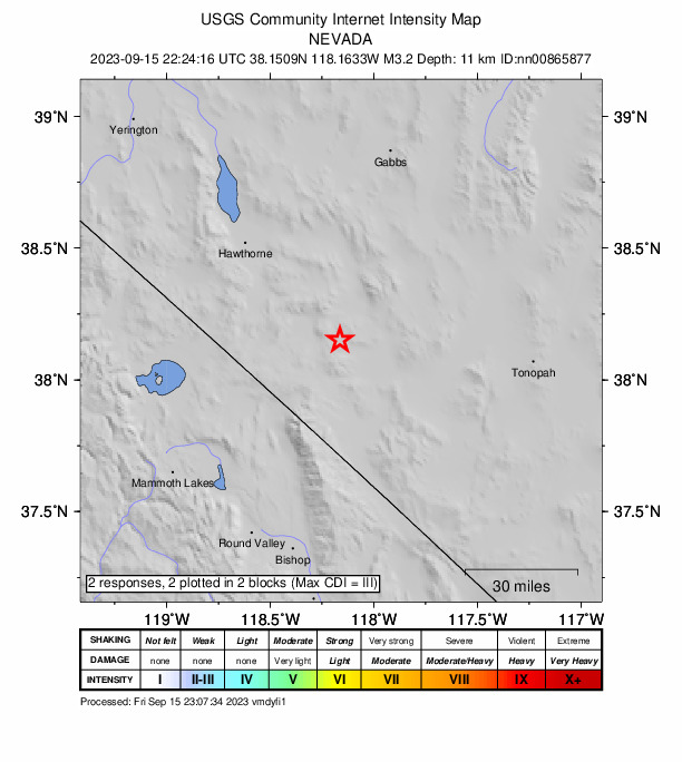 USGS DYFI community-reported intensity map for the M3.2 earthquake near 27 km S of Mina, Nevada