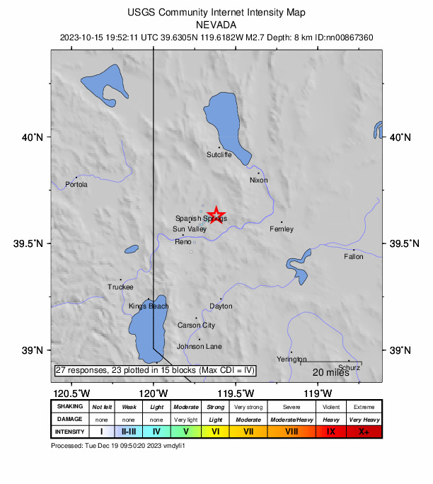 USGS DYFI community-reported intensity map for the M2.7 earthquake near 7 km ESE of Spanish Springs, Nevada