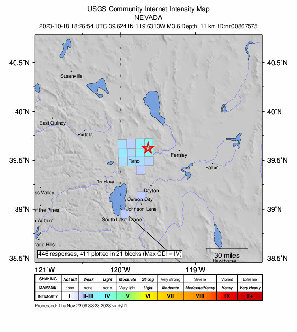 USGS DYFI community-reported intensity map for the M3.6 earthquake near Nevada
