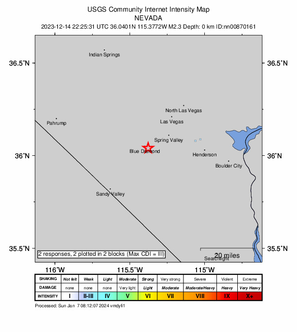 USGS DYFI community-reported intensity map for the M2.3 earthquake near 2 km ESE of Blue Diamond, Nevada
