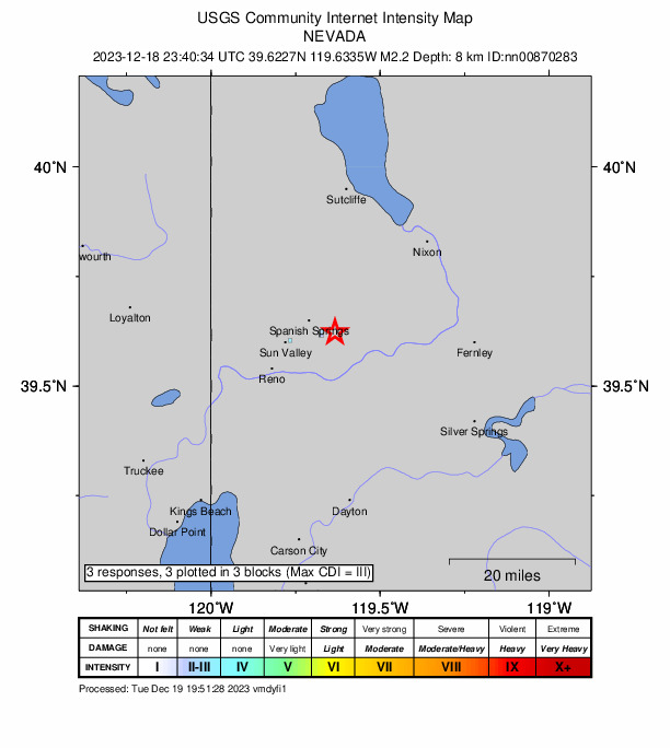 USGS DYFI community-reported intensity map for the M2.2 earthquake near 6 km ESE of Spanish Springs, Nevada