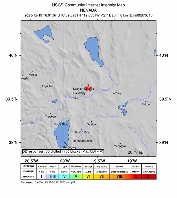 USGS DYFI community-reported intensity map for the M2.7 earthquake near 6 km ESE of Spanish Springs, Nevada