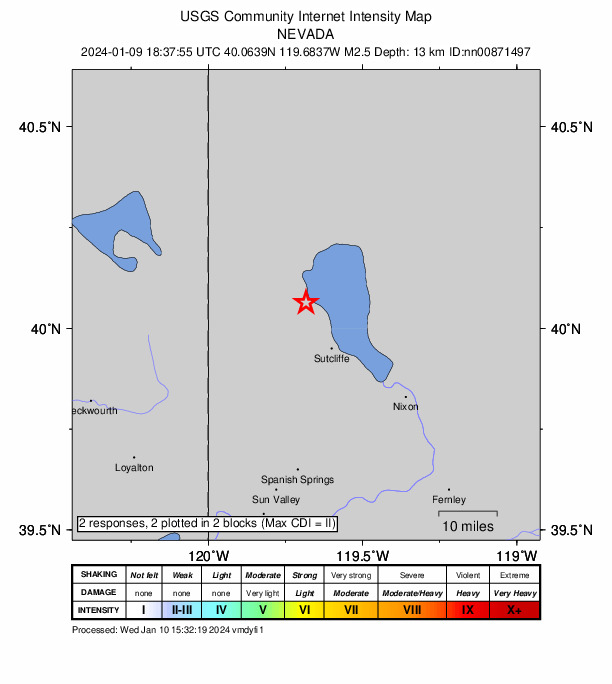 USGS DYFI community-reported intensity map for the M2.5 earthquake near 14 km NNW of Sutcliffe, Nevada