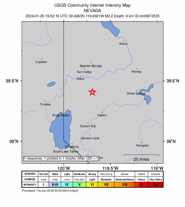 USGS DYFI community-reported intensity map for the M2.2 earthquake near 11 km NNW of Virginia City, Nevada