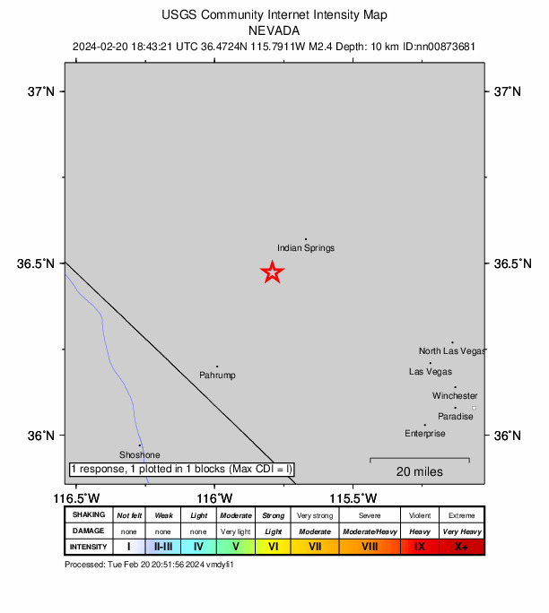 USGS DYFI community-reported intensity map for the M2.4 earthquake near 15 km SW of Indian Springs, Nevada