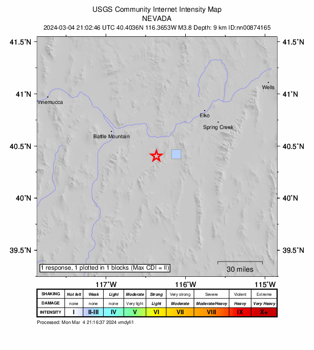 USGS DYFI community-reported intensity map for the M3.8 earthquake near 17 km E of Crescent Valley, Nevada