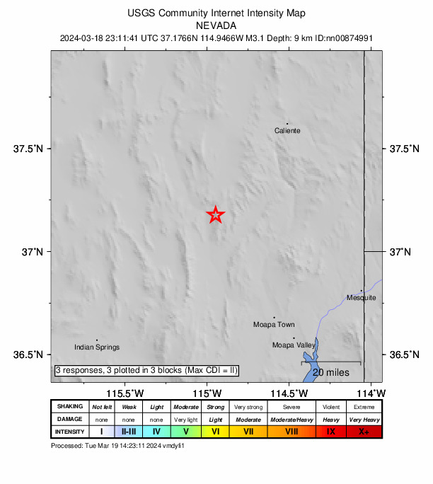 USGS DYFI community-reported intensity map for the M3.1 earthquake near 28 km SE of Alamo, Nevada