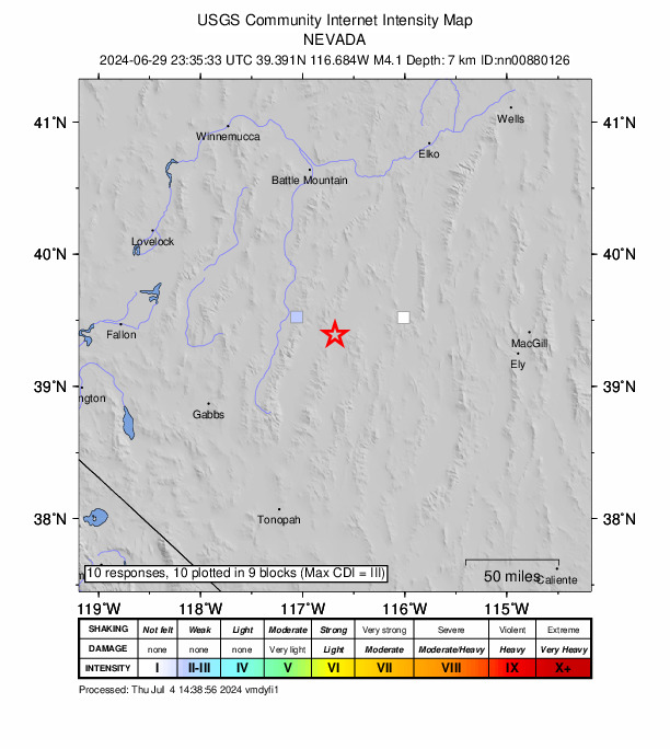 USGS DYFI community-reported intensity map for the M4.1 earthquake near 35 km ESE of Austin, Nevada