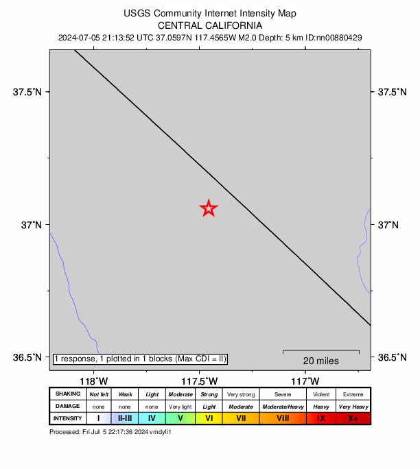 USGS DYFI community-reported intensity map for the M2.0 earthquake near 64 km WNW of Beatty, Nevada