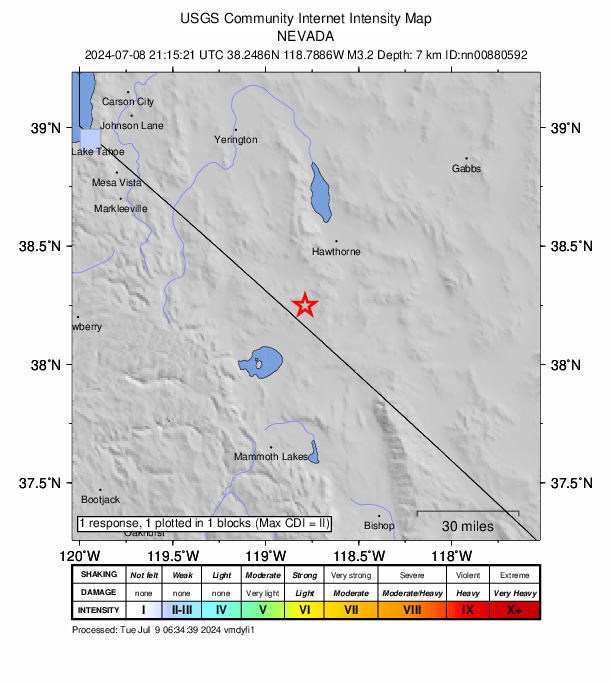 USGS DYFI community-reported intensity map for the M3.2 earthquake near 33 km SSW of Hawthorne, Nevada