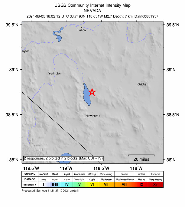 USGS DYFI community-reported intensity map for the M2.7 earthquake near 15 km NE of Walker Lake, Nevada