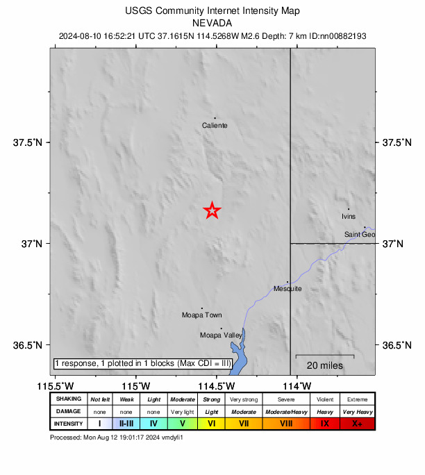 USGS DYFI community-reported intensity map for the M2.6 earthquake near 50 km S of Caliente, Nevada