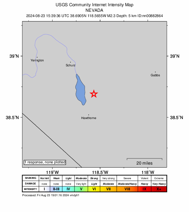 USGS DYFI community-reported intensity map for the M2.3 earthquake near 17 km ENE of Walker Lake, Nevada