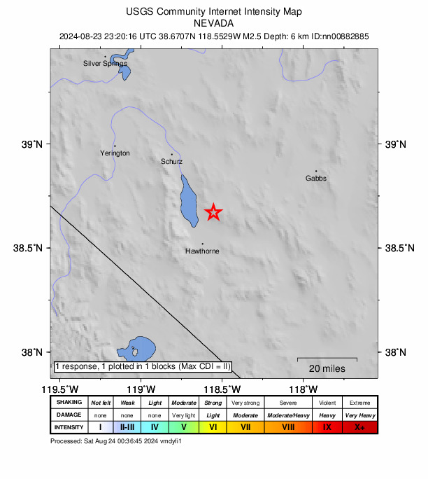 USGS DYFI community-reported intensity map for the M2.5 earthquake near 17 km NNE of Hawthorne, Nevada