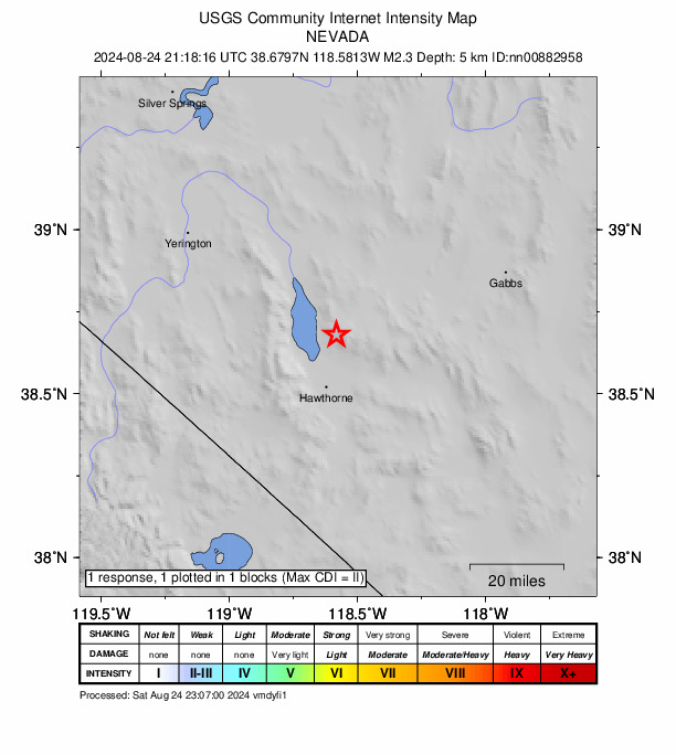 USGS DYFI community-reported intensity map for the M2.3 earthquake near 15 km ENE of Walker Lake, Nevada