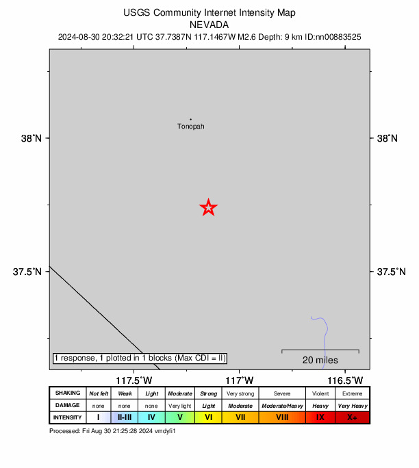 USGS DYFI community-reported intensity map for the M2.6 earthquake near 8 km ENE of Goldfield, Nevada