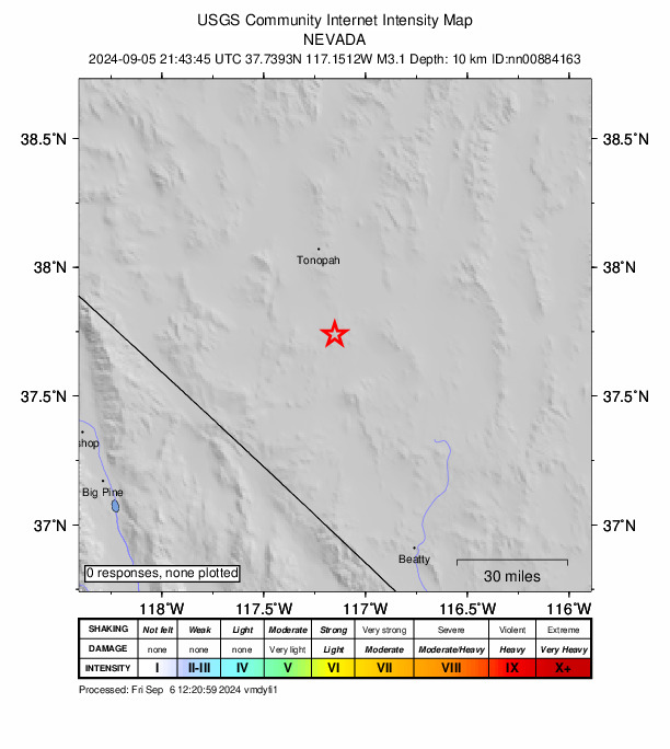 USGS DYFI community-reported intensity map for the M3.1 earthquake near 8 km ENE of Goldfield, Nevada