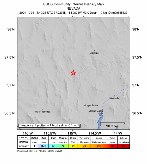 USGS DYFI community-reported intensity map for the M3.0 earthquake near 22 km SE of Alamo, Nevada