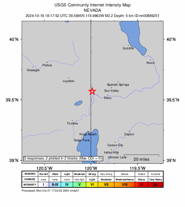 USGS DYFI community-reported intensity map for the M2.2 earthquake near 5 km NNE of Verdi, California