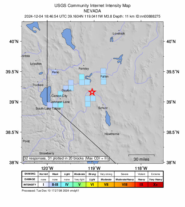 USGS DYFI community-reported intensity map for the M3.8 earthquake near 22 km NNE of Yerington, Nevada