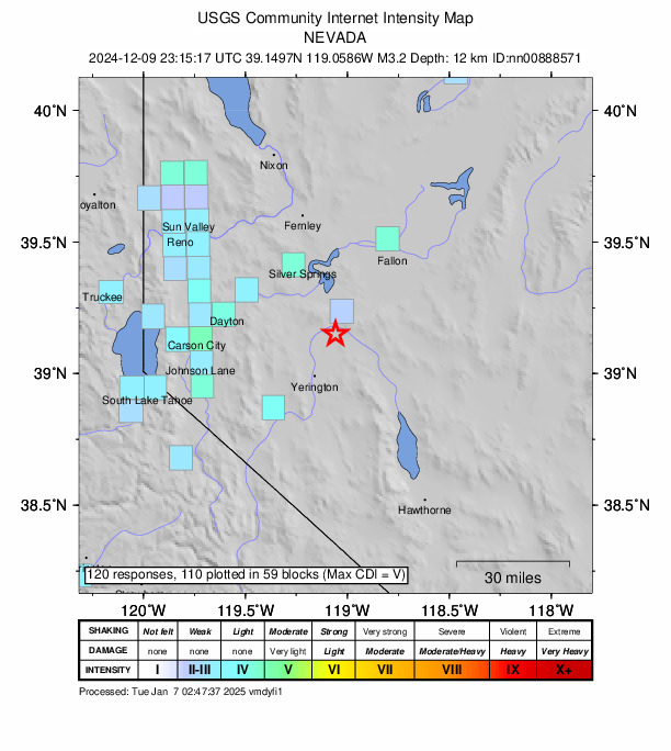 USGS DYFI community-reported intensity map for the M3.2 earthquake near 20 km NNE of Yerington, Nevada