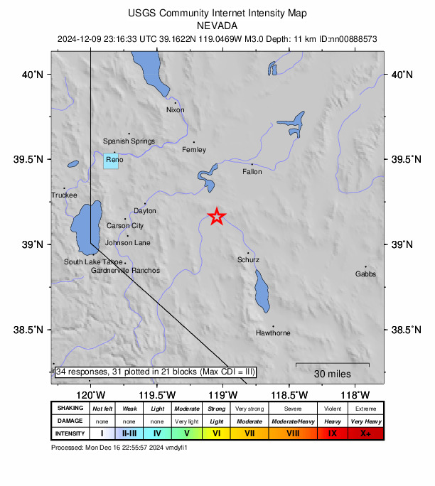 USGS DYFI community-reported intensity map for the M3.0 earthquake near 22 km NNE of Yerington, Nevada