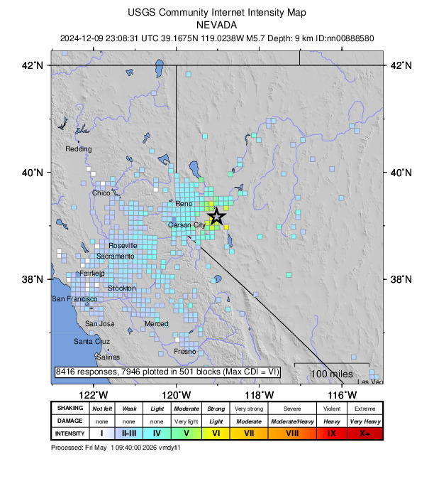 USGS DYFI community-reported intensity map for the M5.7 earthquake near 2024 Parker Butte, Nevada Earthquake