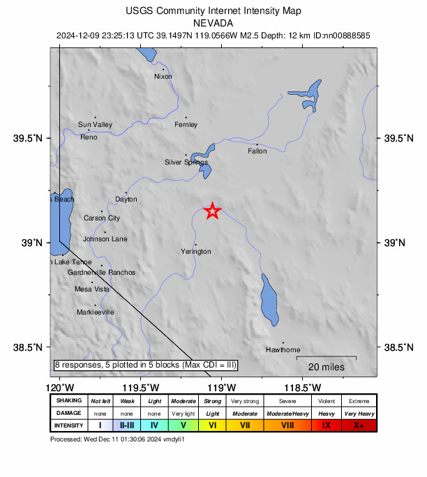 USGS DYFI community-reported intensity map for the M2.5 earthquake near 20 km NNE of Yerington, Nevada
